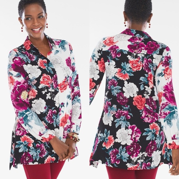 Chicos rose print tunic blouse top button up long sleeve color block 2 US 12/14 - Picture 3 of 10